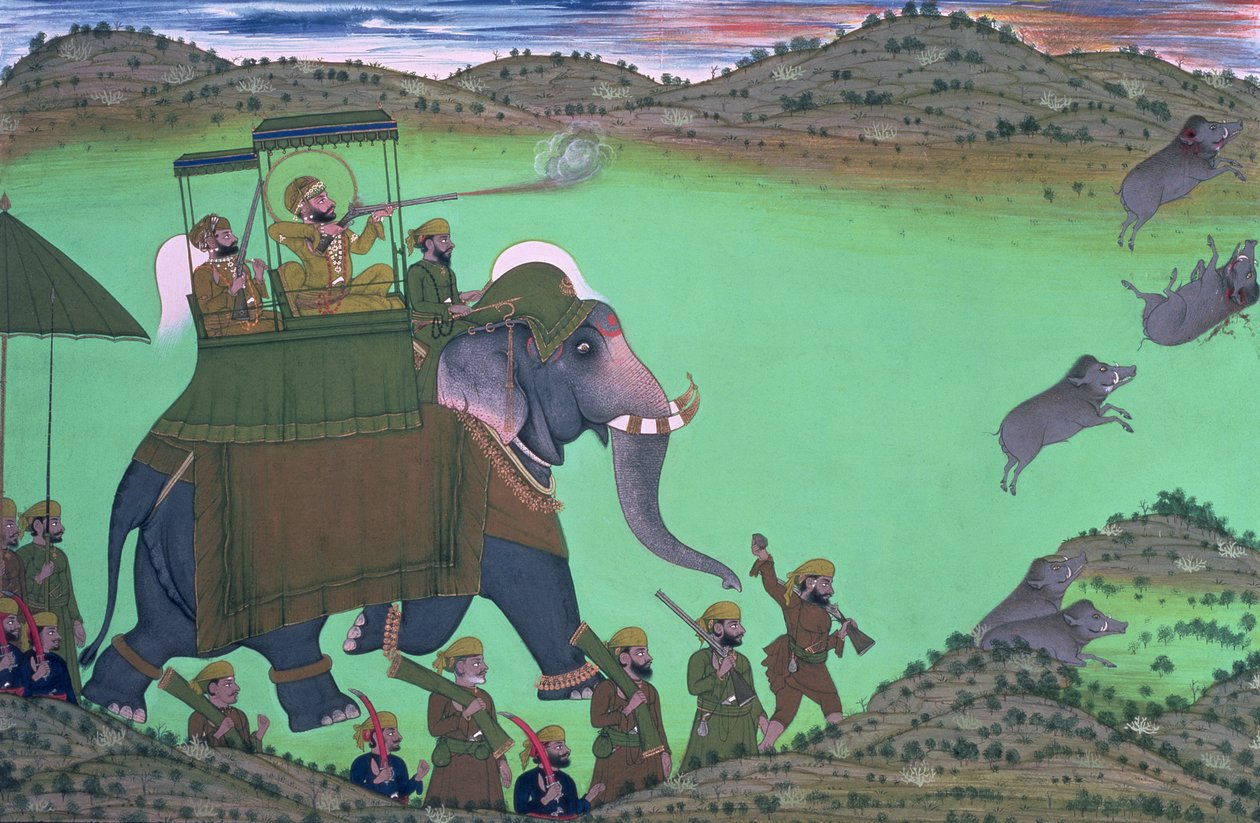 Maharana Sarup Singh van Udaipur schietend op een wild zwijn vanaf een olifant, Rajasthan, 1855 door Indian School