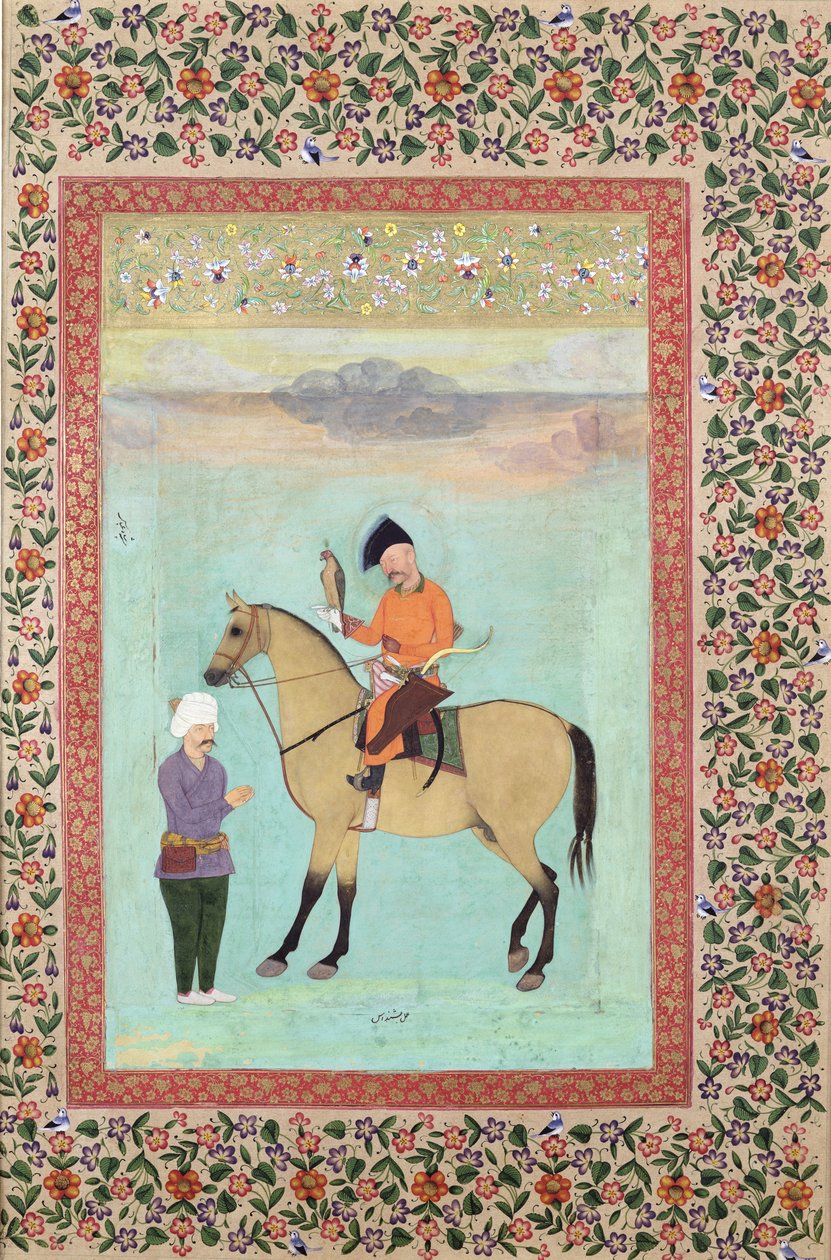 Ms E-14 Shah Abbas (1571-1629) op een paard met een valk, c.1620 door Indian School