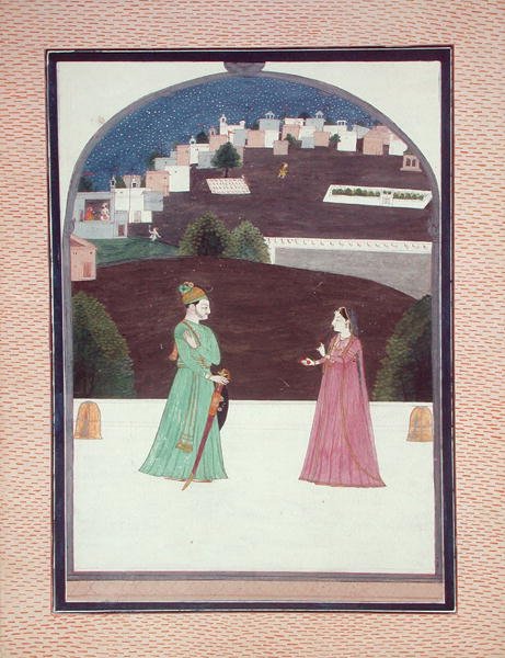 November: Een ontmoeting, uit de Baramasa, Pahari School, uit Himachal Pradesh door Indian School