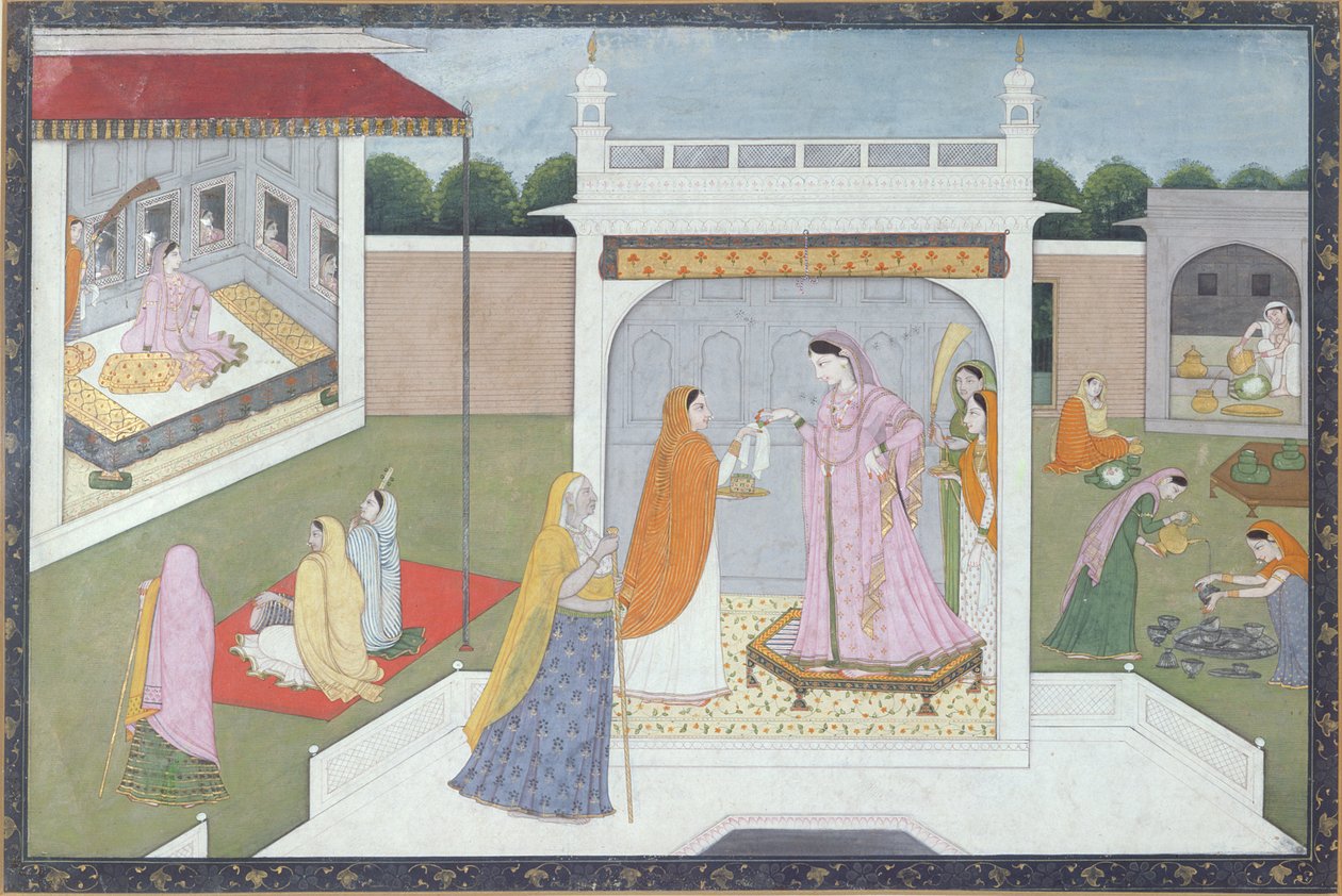 Paleisdame met haar Dienstmeiden, Kangra, c.1790 door Indian School