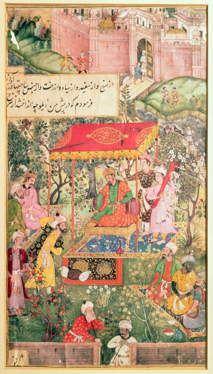 De Mogolkeizer Babur ontvangt de gezanten Uzbeg en Rauput in de tuin van Agra op 18 december 1528, de keizer zit op een troon onder een baldakijn; de vestingwerken van Agra zijn op de achtergrond door Indian School