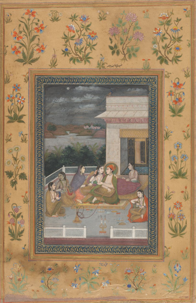 Een paar op een terras omringd door bedienden en muzikanten door Indian 18th Century