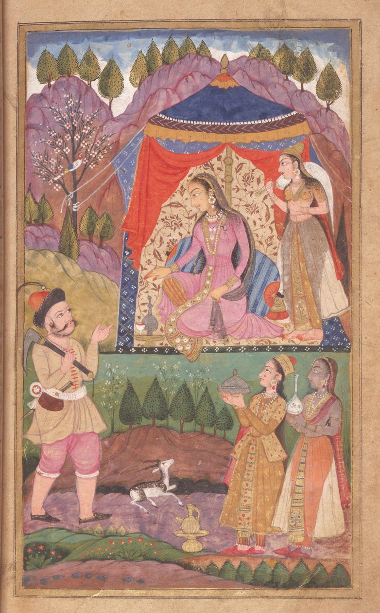 Folio 138 Farhad vertelt zijn avonturen aan Prinses Shirin, uit de Khusrau en Shirin, Deccani School, 1722 door Indian School