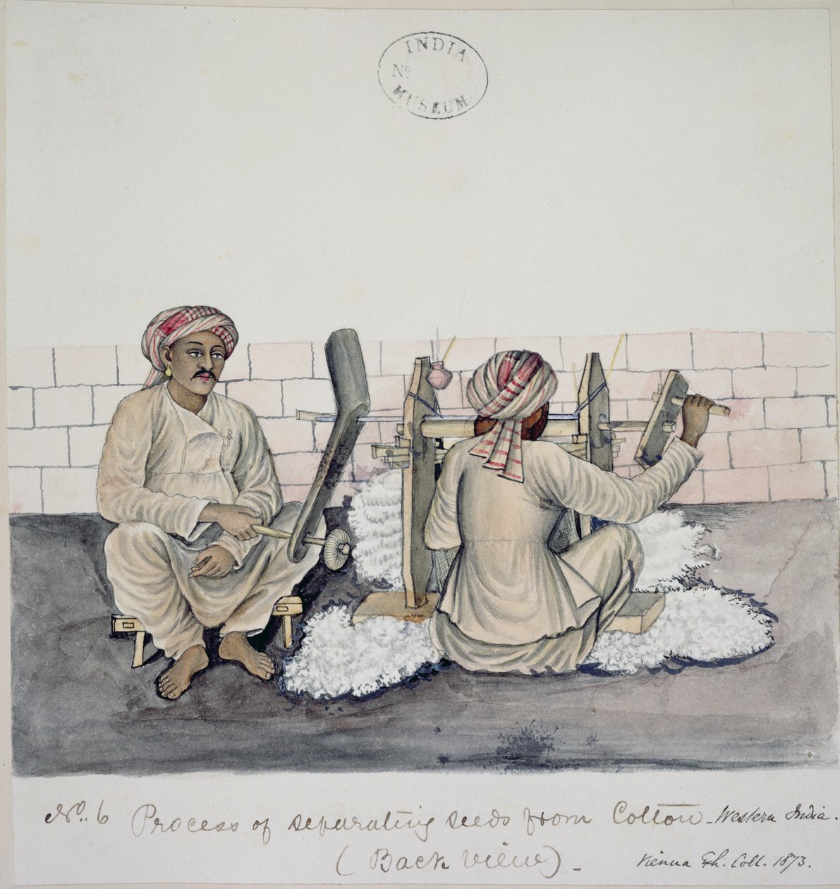 Twee mannen die katoen ontzaden, Bombay, ca. 1873 door Indian School
