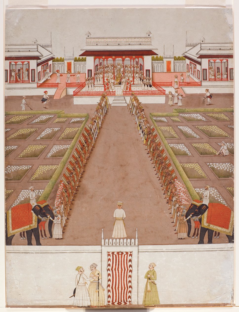 Een Nawab houdt hof in een paviljoen, voorbij een laan van bedienden en twee olifanten, c.1765 door Indian School