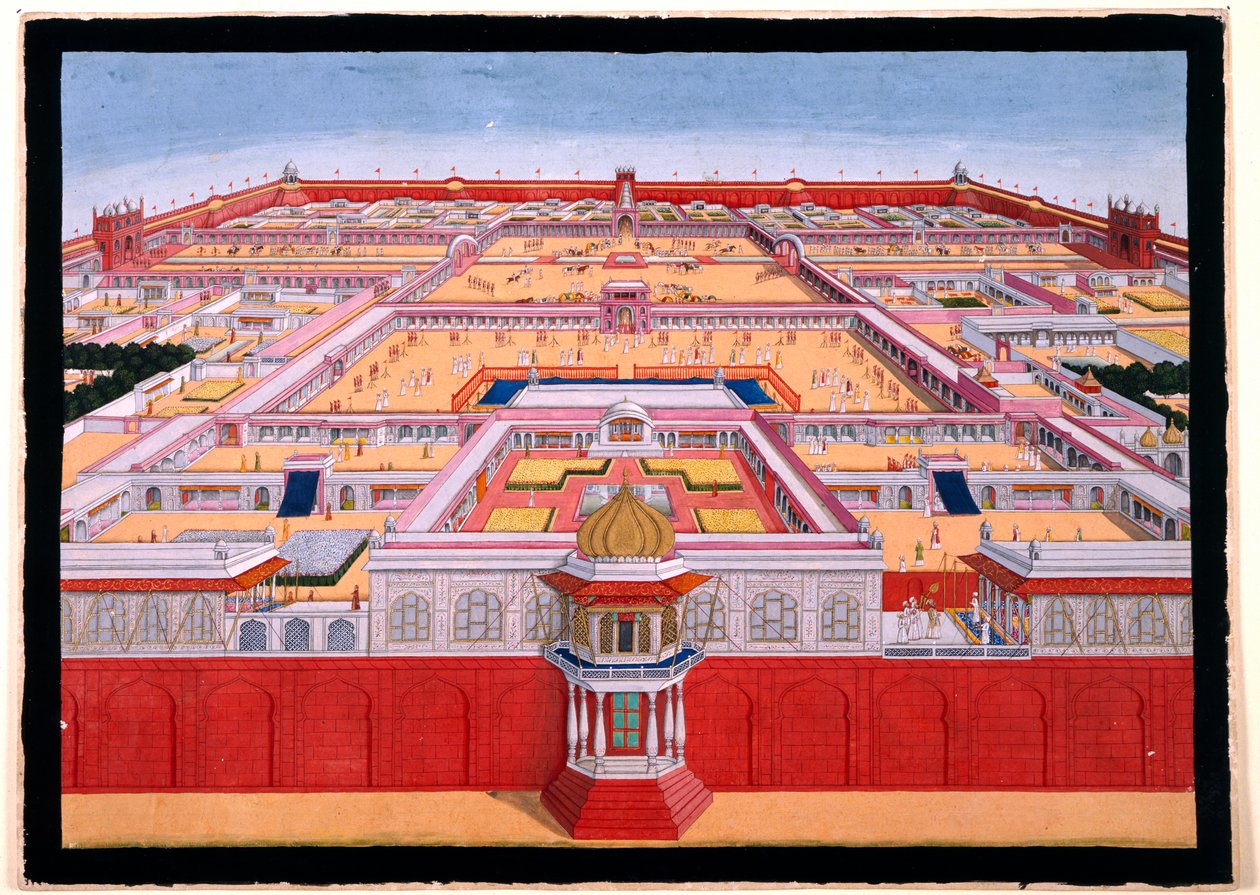 Vogelperspectief van het Rode Fort in Delhi vanuit het oosten, met een keizer, waarschijnlijk Shah Alam (1759-1806), die de Diwan-i-Khas binnengaat, ca. 1780-90 door Indian School