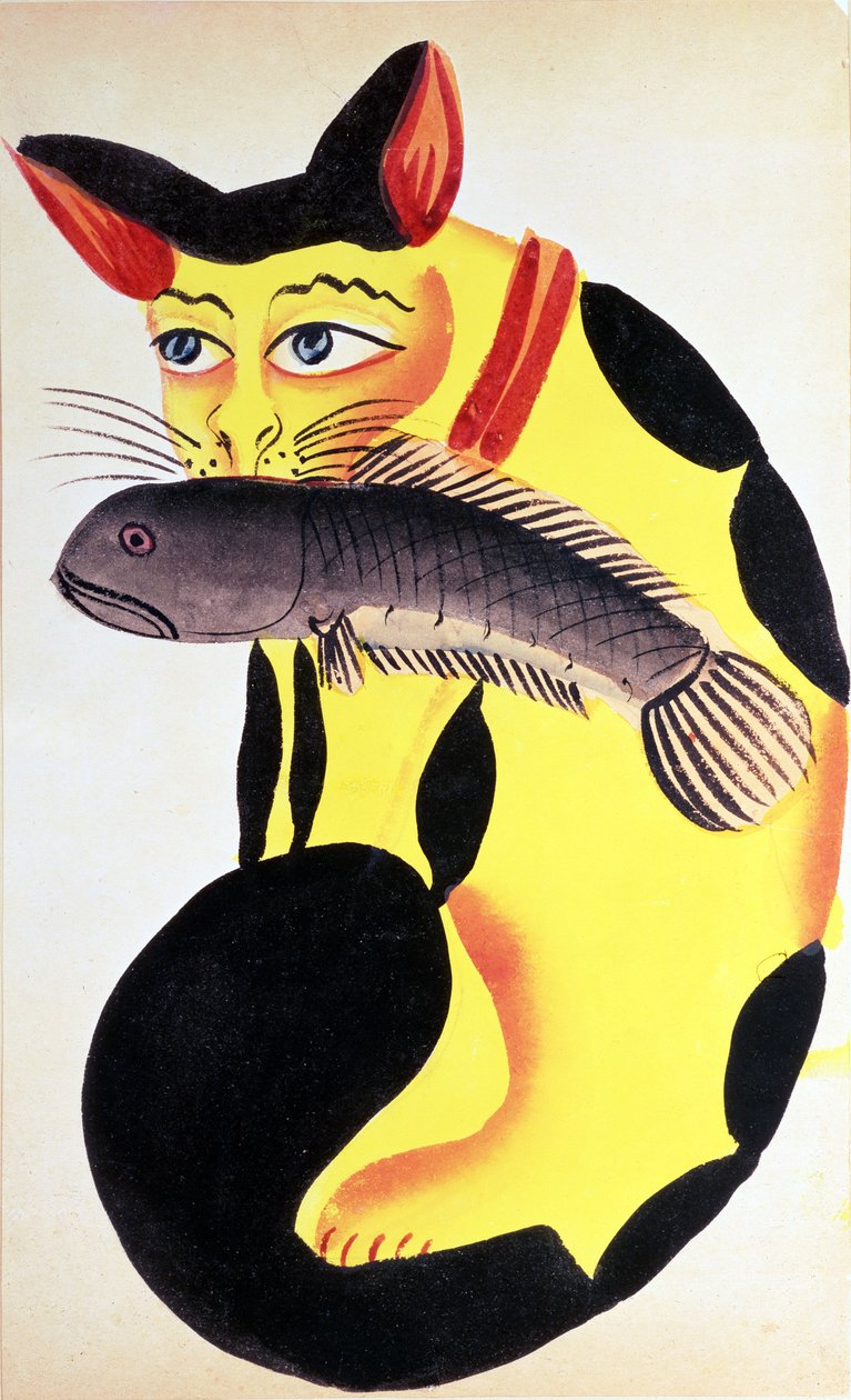 Een kat met een vis in zijn bek, uit de Rudyard Kipling collectie, Calcutta, ca. 1890 door Indian School