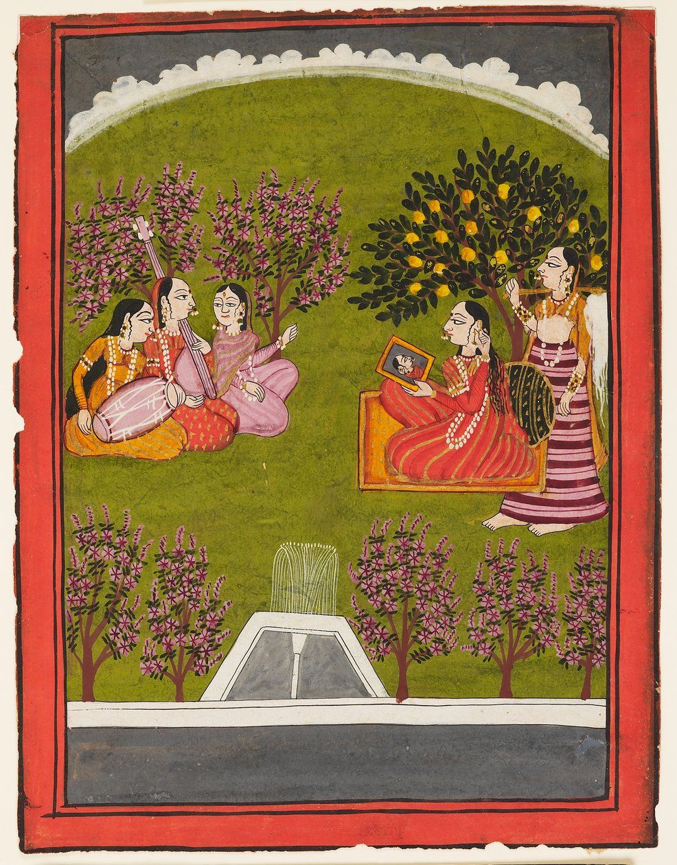 Een dame zittend met een spiegel in een tuin, met een dienstmeid en drie muzikanten, ca. 1909 door Indian School