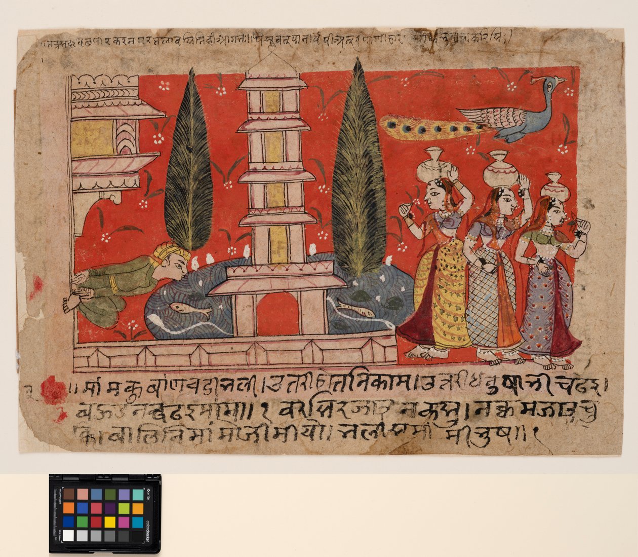 Een man die aan de zijkant van een paleis klimt, bespiedt gopis over een vijver met een pagode door Indian School