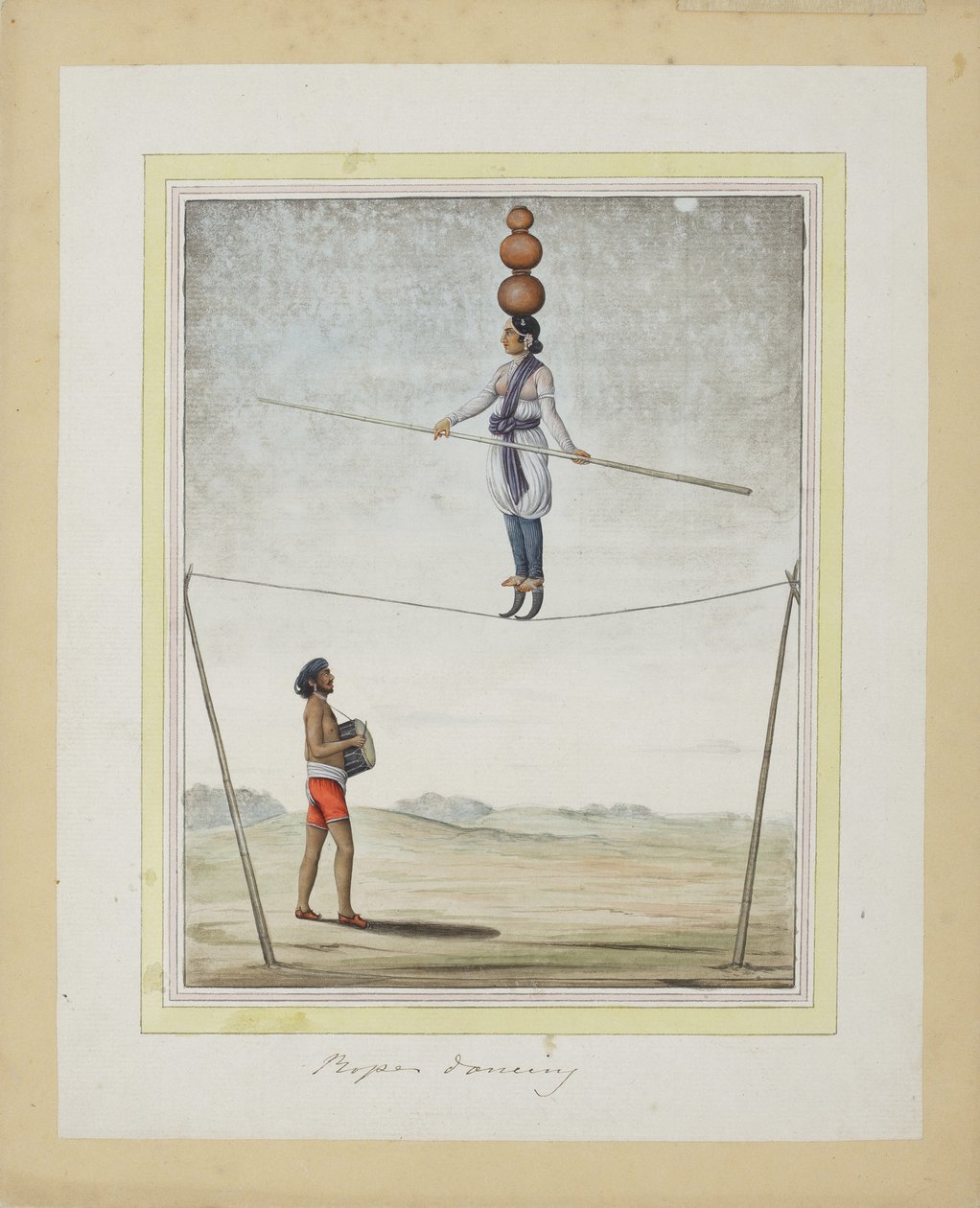 Acrobaat op een koord, drummer beneden, c.1820 door Indian School