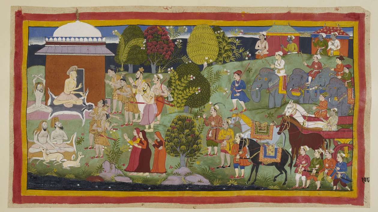 Bharadva, zittend buiten zijn hut met andere asceten en herten, vraagt de prinsen of ze van zijn gastvrijheid hebben genoten. Hij vertelt hen en hun metgezellen dat Rama in Citrakuta woont. Op zijn verzoek introduceren de prinsen door Indian School