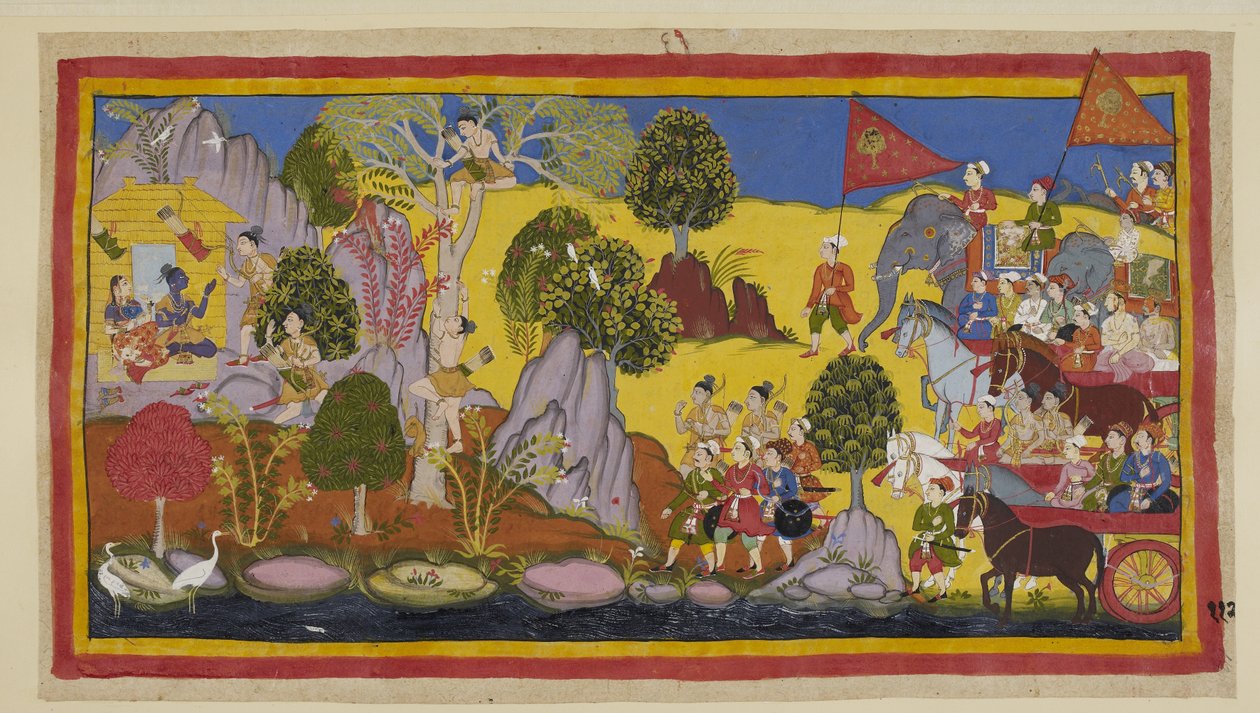 Het tumult van het naderende leger heeft Rama gealarmeerd, hij vertelt Laksmana om in een boom te klimmen om te ontdekken wat het lawaai veroorzaakt. Laksmana klimt in een bloeiende salaboom en herkent in de verte Bharata