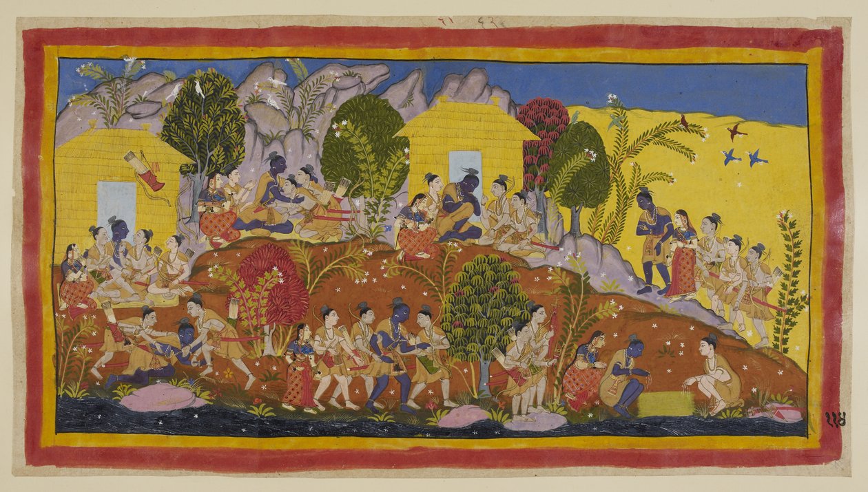 Bharata en Shatrughna werpen zich aan de voeten van Rama, die zijn jongere broers omhelst en hun hoofden ruikt. Rama neemt hen op zijn schoot terwijl hij naar hun welzijn en dat van hun vader vraagt. door Indian School