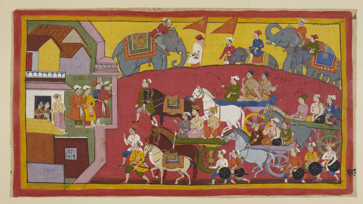 De strijdwagens van Vasistha en de prinsen, vergezeld door verschillende ministers en mensen, betreden de stad Nandigrama. door Indian School