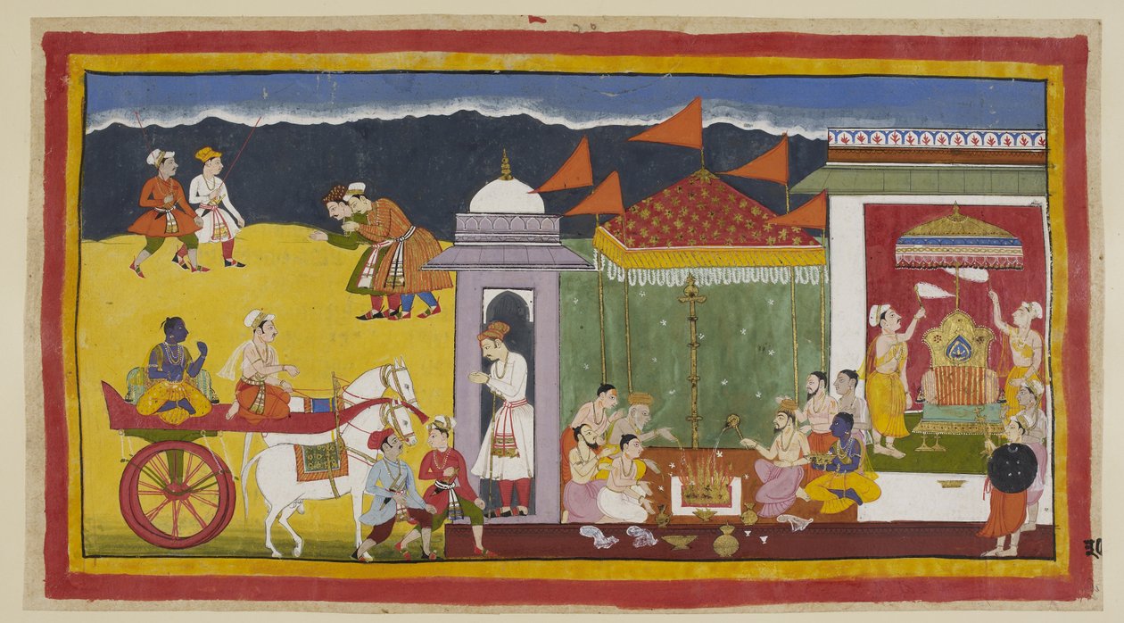 Add 15296 (1) f.30r, Sumantra arriveert bij de ingang van het paleis met Rama in zijn wagen, met stadsbewoners die buigen om hen te verwelkomen. Eenmaal binnen de paleismuren neemt Rama deel aan offers aan het heilige vuur met brahmanen onder een pandal, t door Indian School