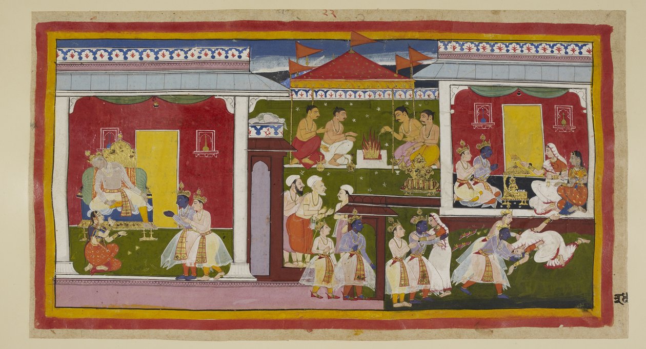 Add 15296 (1) f.34r, Rama accepteert zijn verbanning met perfecte gelijkmoedigheid, en hij en Laksmana nemen afscheid van Kaikeyi en Dasaratha, die met neergebogen hoofd en afgewende blik zijn zoon niet kan aankijken. Hij en Laksmana verlaten het paleis va door Indian School