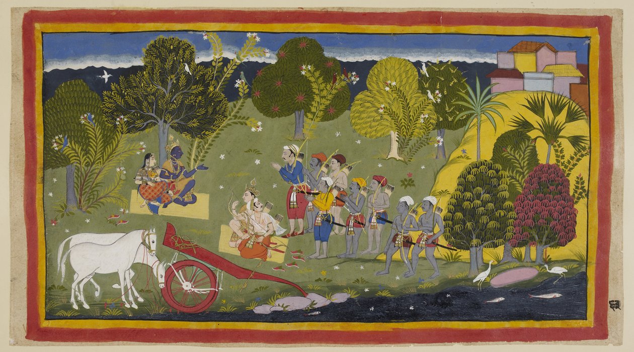 De metgezellen hebben de rivier de Ganga bereikt bij Srngaverapura. Rama en Sita zitten op een mat van stro onder een boom, bedoeld als een Ingudi-boom, terwijl Laksmana en Sumantra tegenover hen zitten. De paarden zijn ontzadeld. door Indian School