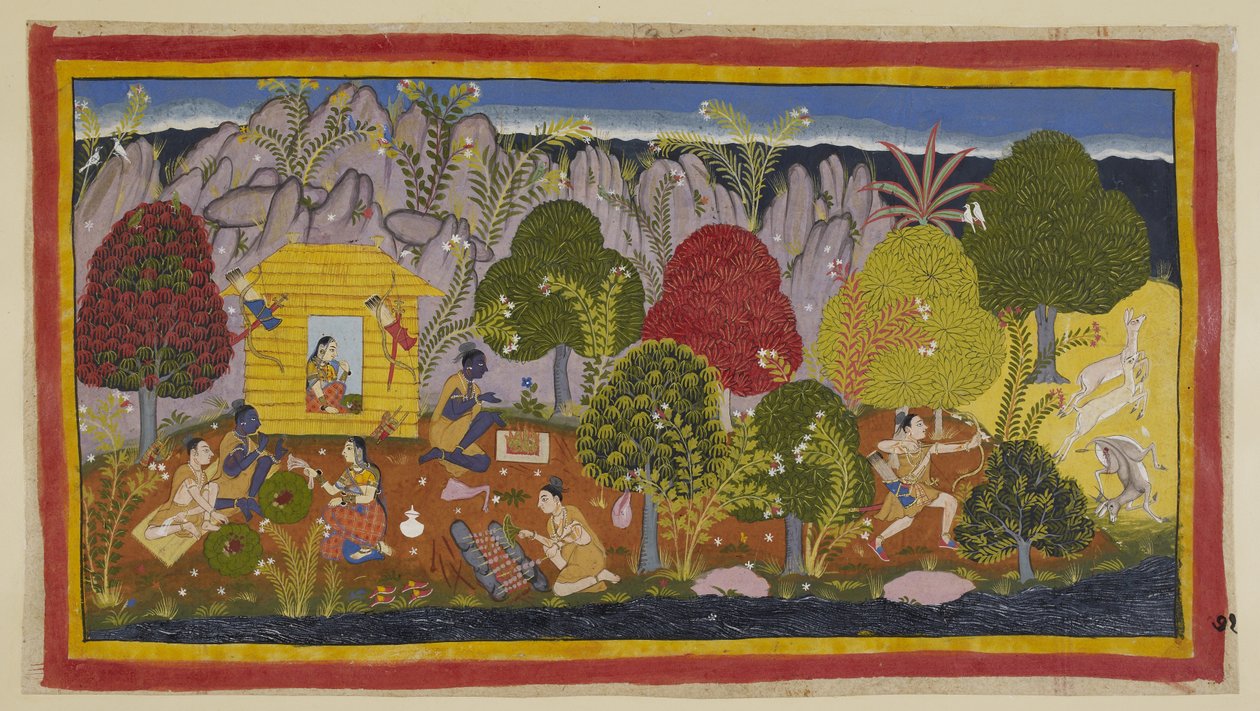 Add 15296 (1) f.71r, Voordat ze hun intrek nemen in de hut, moeten er offers worden gebracht aan de presiderende godheden. Laksmana jaagt op herten rechts, en keert terug naar de hut om het te koken; Rama biedt een deel ervan aan als offer. De twee broers  door Indian School