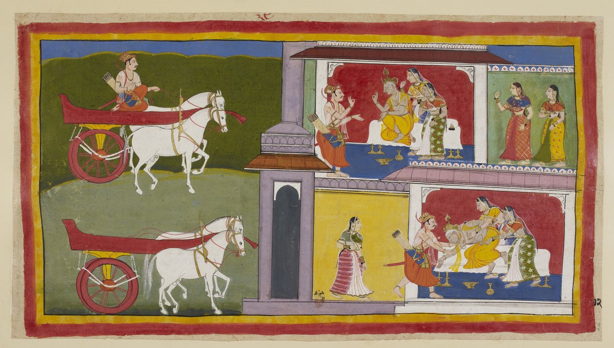 Add 15296 (1) f.72r, Links keert Sumantra terug naar Ayodhya en betreedt het paleis om Rama