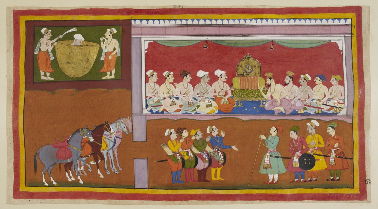 In afwezigheid van zijn zonen wordt het lichaam van de koning in een ketel met olie geplaatst, terwijl ministers en Brahmanen in de durbarzaal debatteren over wat te doen. door Indian School