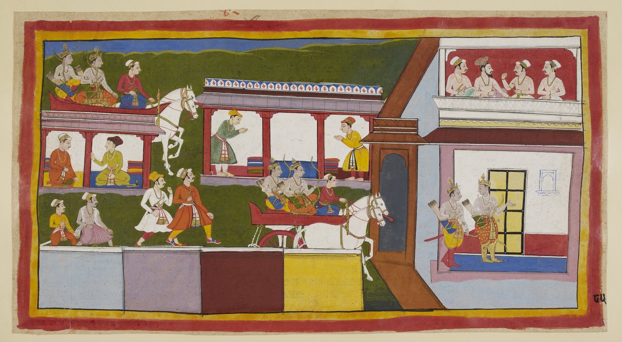 De prinsen rijden in hun wagen door de hoofdstraat van Ayodhya, zich verwonderend over de verandering in de stad sinds ze deze verlieten, en betreden dan het paleis, met vragende gebaren. In een bovenkamer overleggen een brahmaan en drie ministers door Indian School