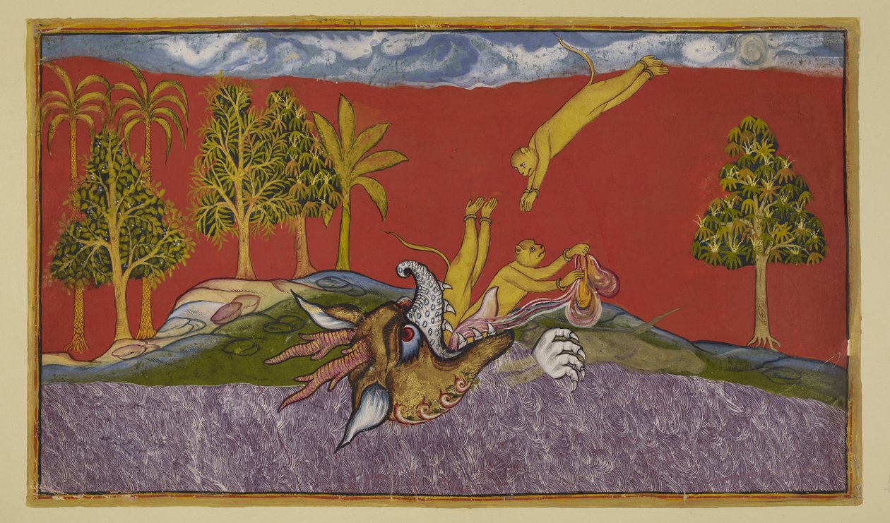 Hanuman duikt in de mond van de demoness Siṁhikā door Indian School