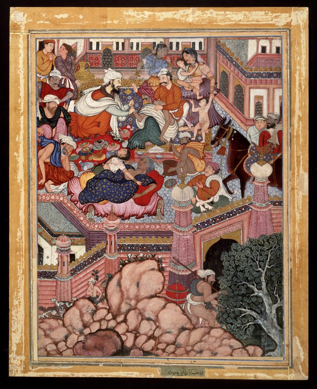 Amr, vermomd als Mazmahil de Chirurg, praktiseert kwakzalverij op de tovenaars van Antali, ca. 1570 door Indian School