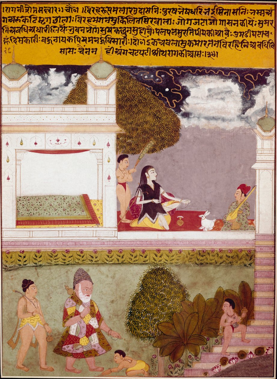 Een asceet luistert naar muziek op het terras van een paleis (ca. 1760) door Indian School