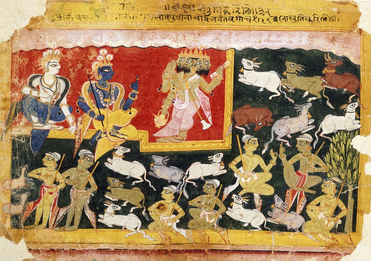 Brahma brengt eer aan Krishna als de incarnatie van Vishnu, ca. 1540-1575 door Indian School