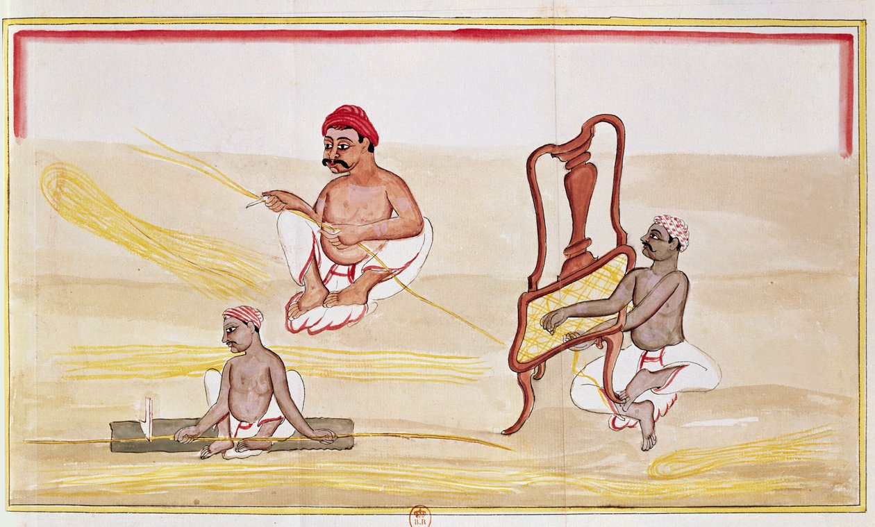 Stoelen vlechten voor export naar Groot-Brittannië (pen & inkt en aquarel op papier) door Indian School
