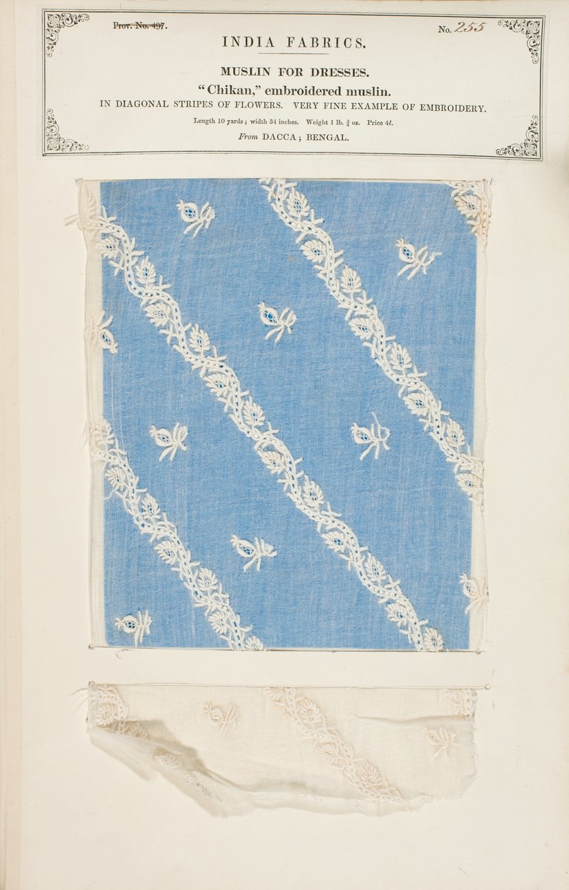 Chikan geborduurd mousselinemonster uit Dacca in Bengalen, uit The Collection of the Textile Manufacturers of India, door John Forbes Watson, gepubliceerd in 1866 door Indian School