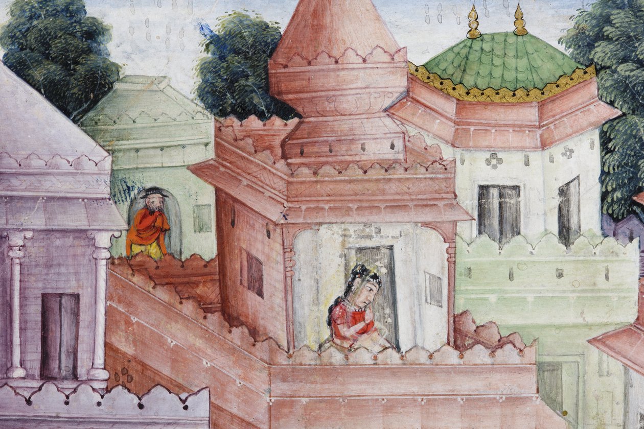 (detail) Krishna splijt de demon Narakasura met zijn discus, c.1585-90 door Indian School