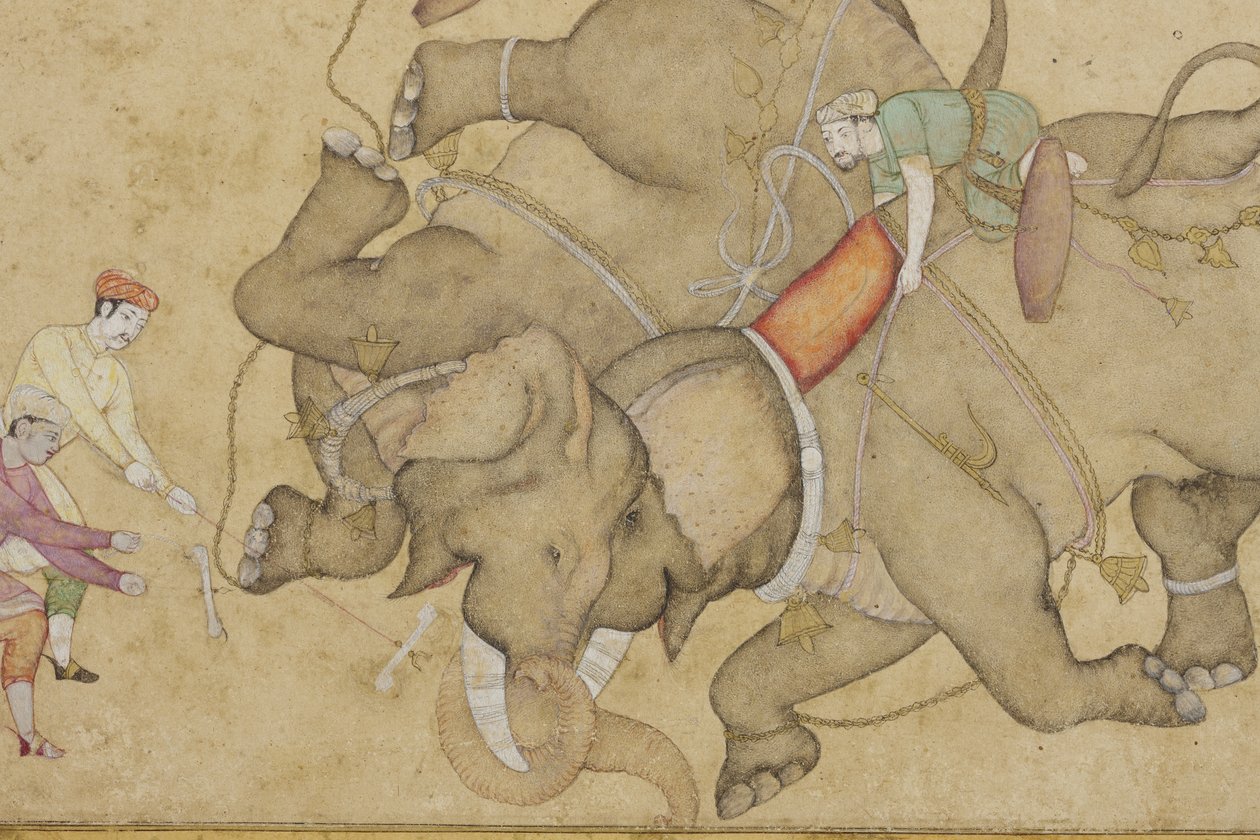Detail van een olifantengevecht, met florale arabeskenrand, c.1610 door Indian School
