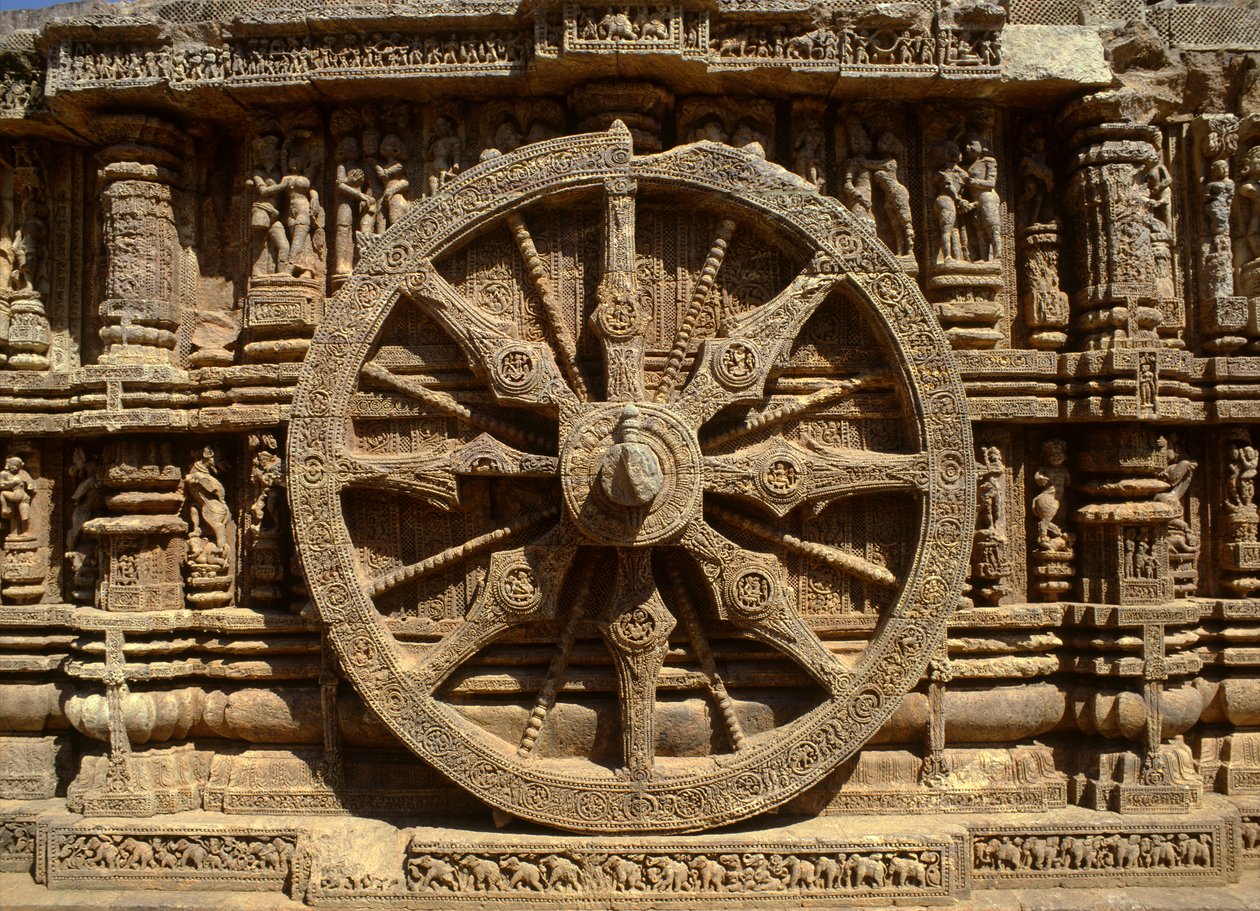Detail van het wiel van de wagen van Surya door Indian School