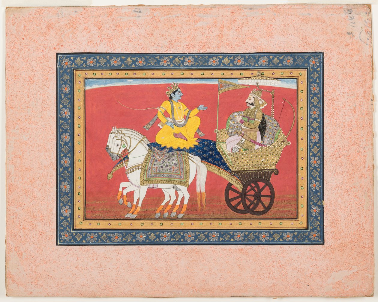 Dialoog tussen Krishna en Arjuna op het slagveld van Kurukshetra door Indian School