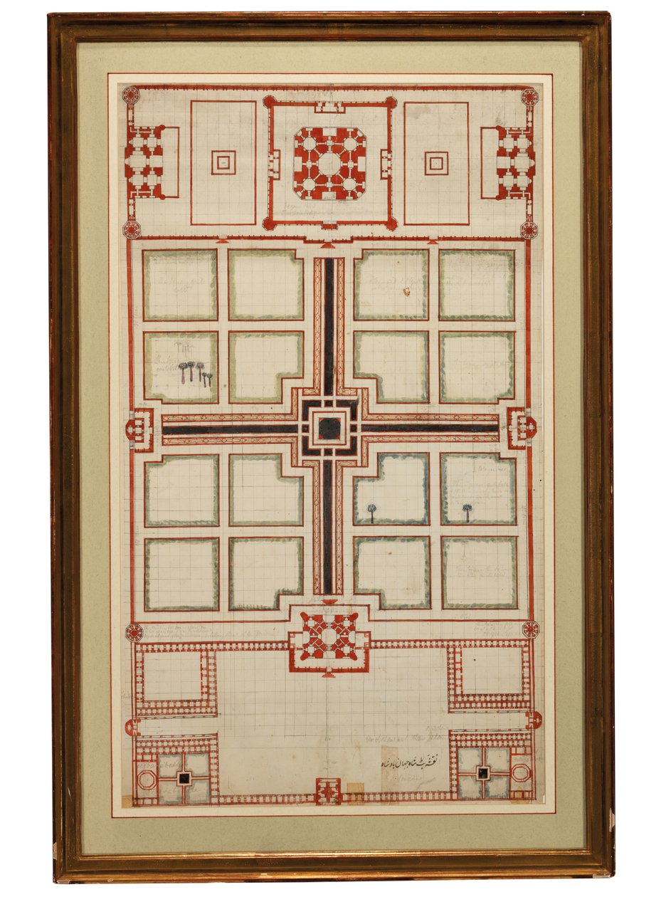 Vroeg schematisch plan van de tuinen van de Taj Mahal, Agra, Noord-India, ca. 1805 door Indian School