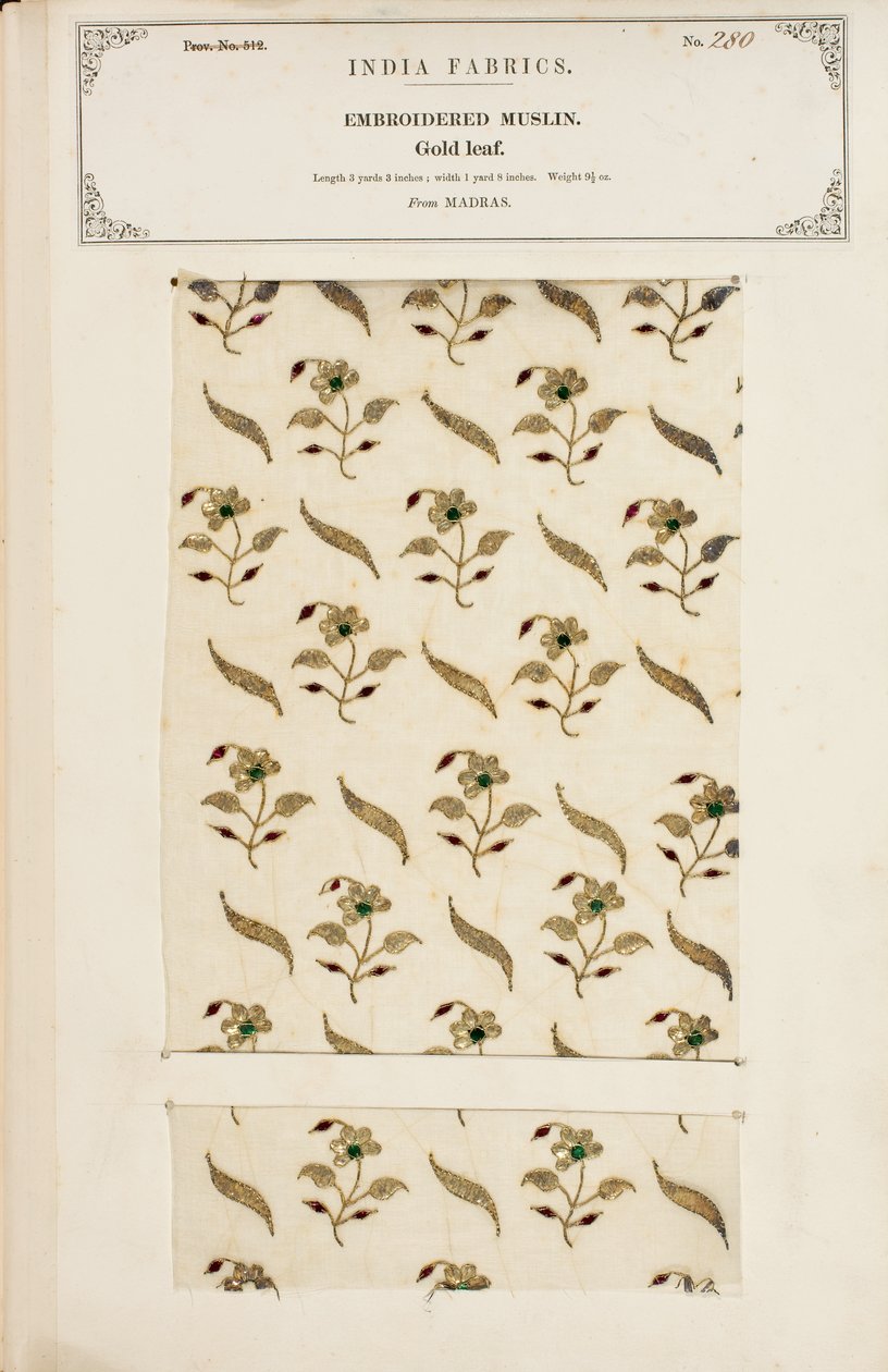 Geborduurd mousselinemonster uit Madras, uit De Collectie van de Textielfabrikanten van India, door John Forbes Watson, gepubliceerd in 1866 door Indian School