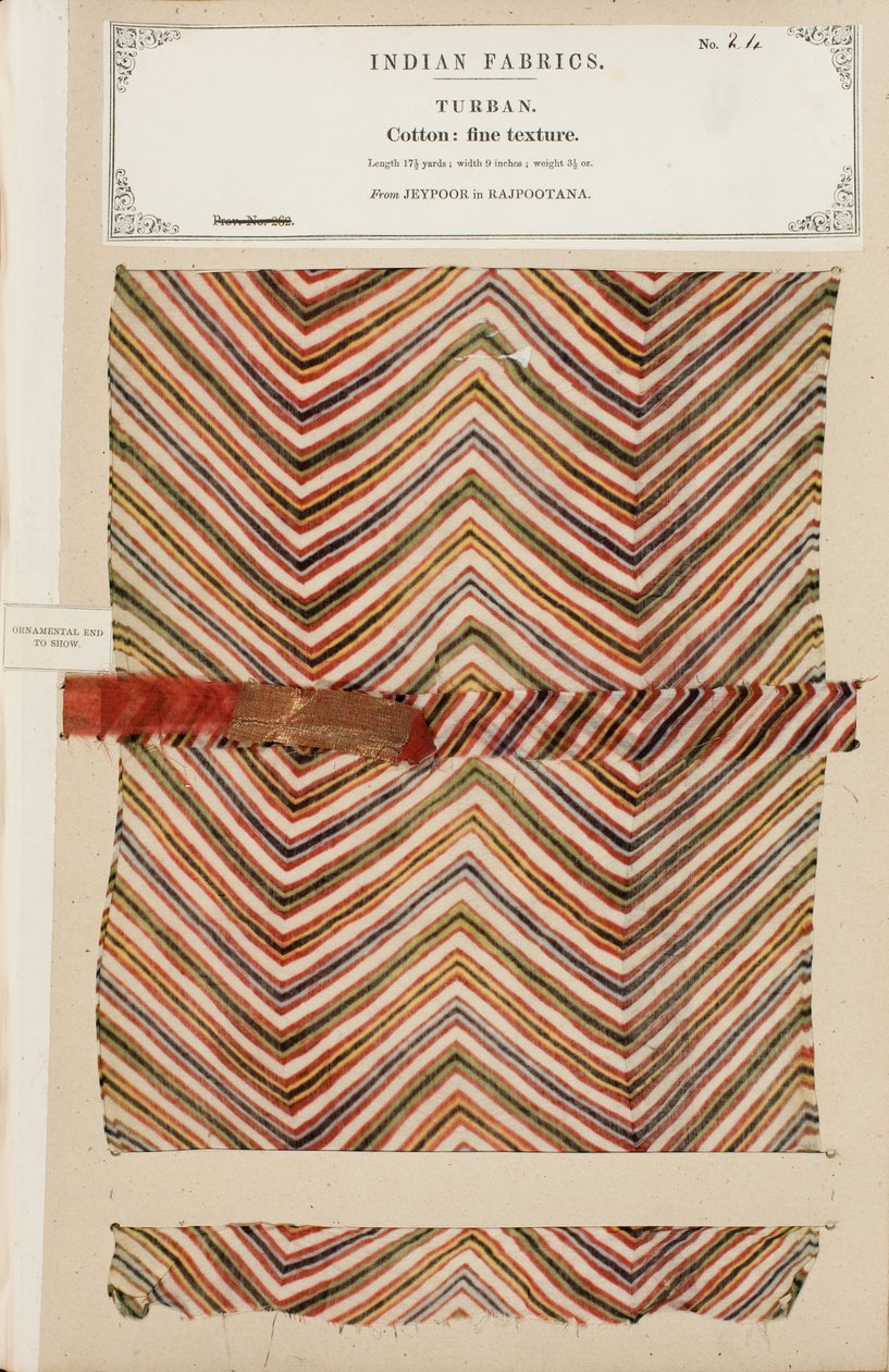 Fijn katoenen tulbandmonster uit Jeypoor in Rajpootana, uit The Collection of the Textile Manufacturers of India, door John Forbes Watson, gepubliceerd in 1866 door Indian School