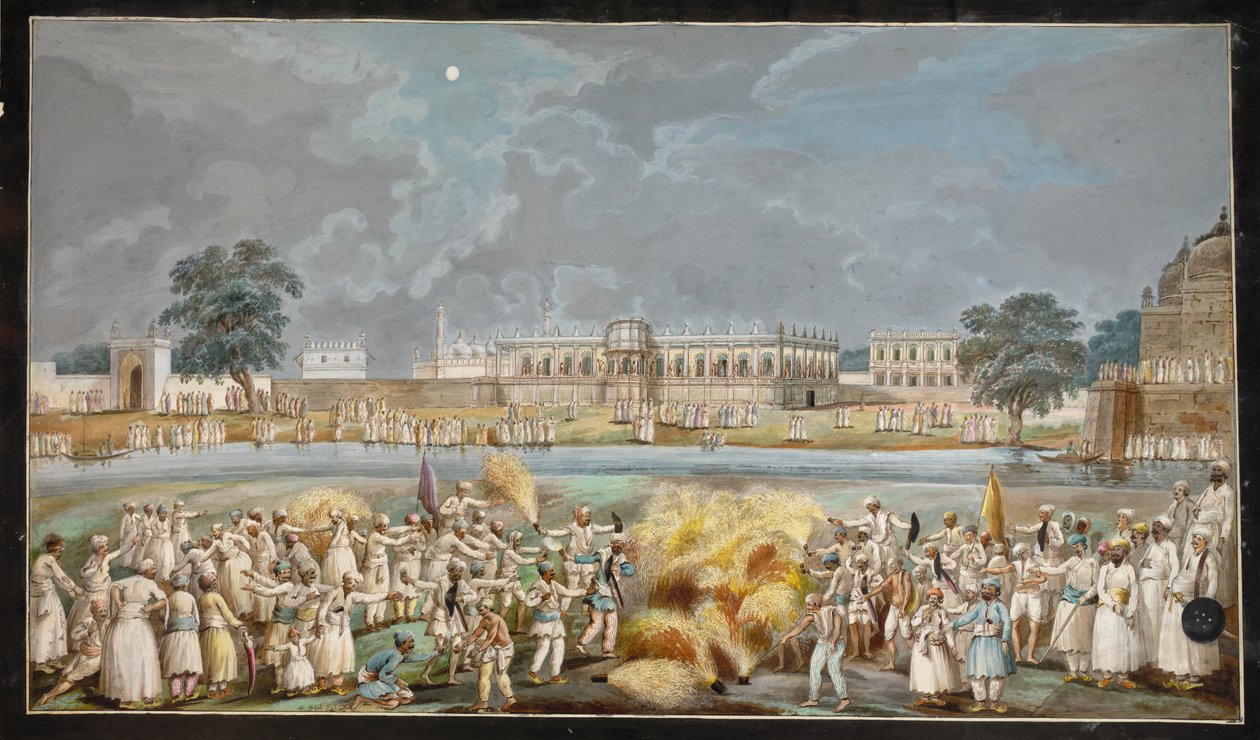 Vuurwerkshow op een heldere maanverlichte nacht buiten het Agna Mahal, deel van het paleis van de Nawab aan de rivier in Murshidabad, ca.1790-1800 door Indian School