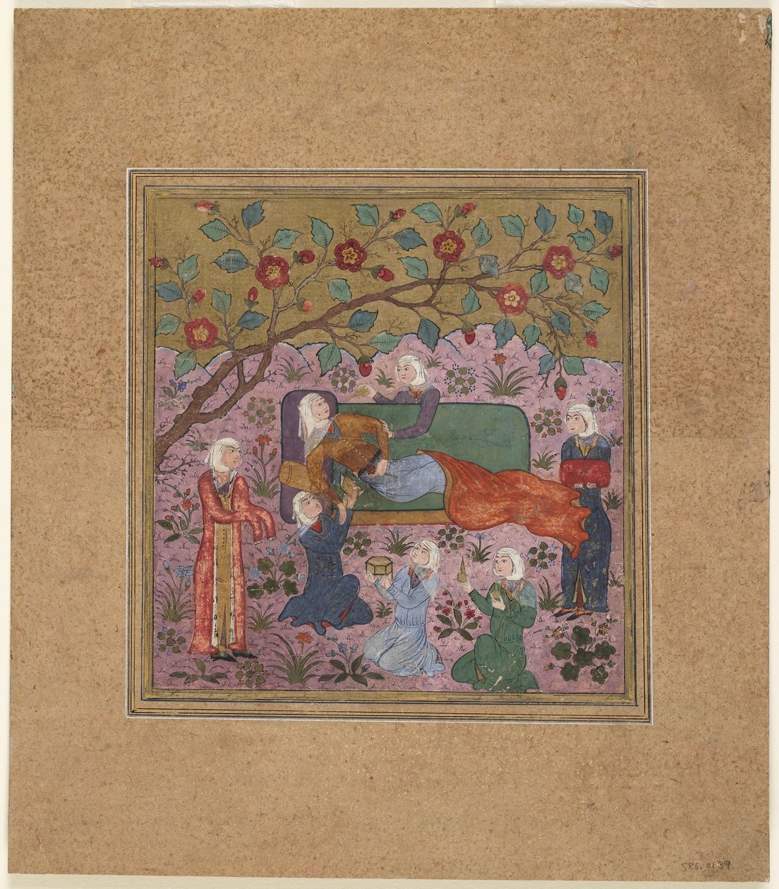 Folio uit een Shahnama (Boek der Koningen) door Firdawsi (gest. 1020); Een liggende vrouw omringd door bedienden door Indian School