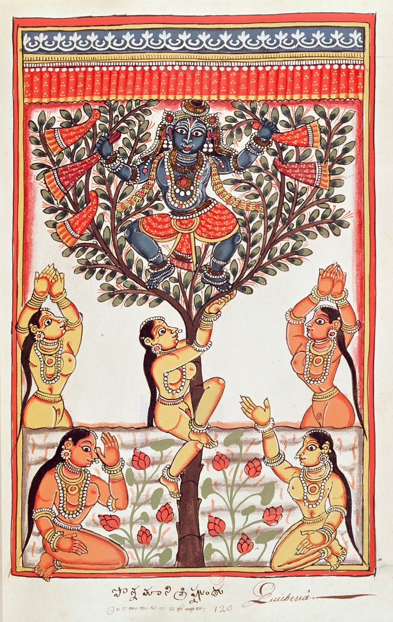 Krishna steelt de kleren van de Gopi die in de rivier Yamuna zwemmen door Indian School