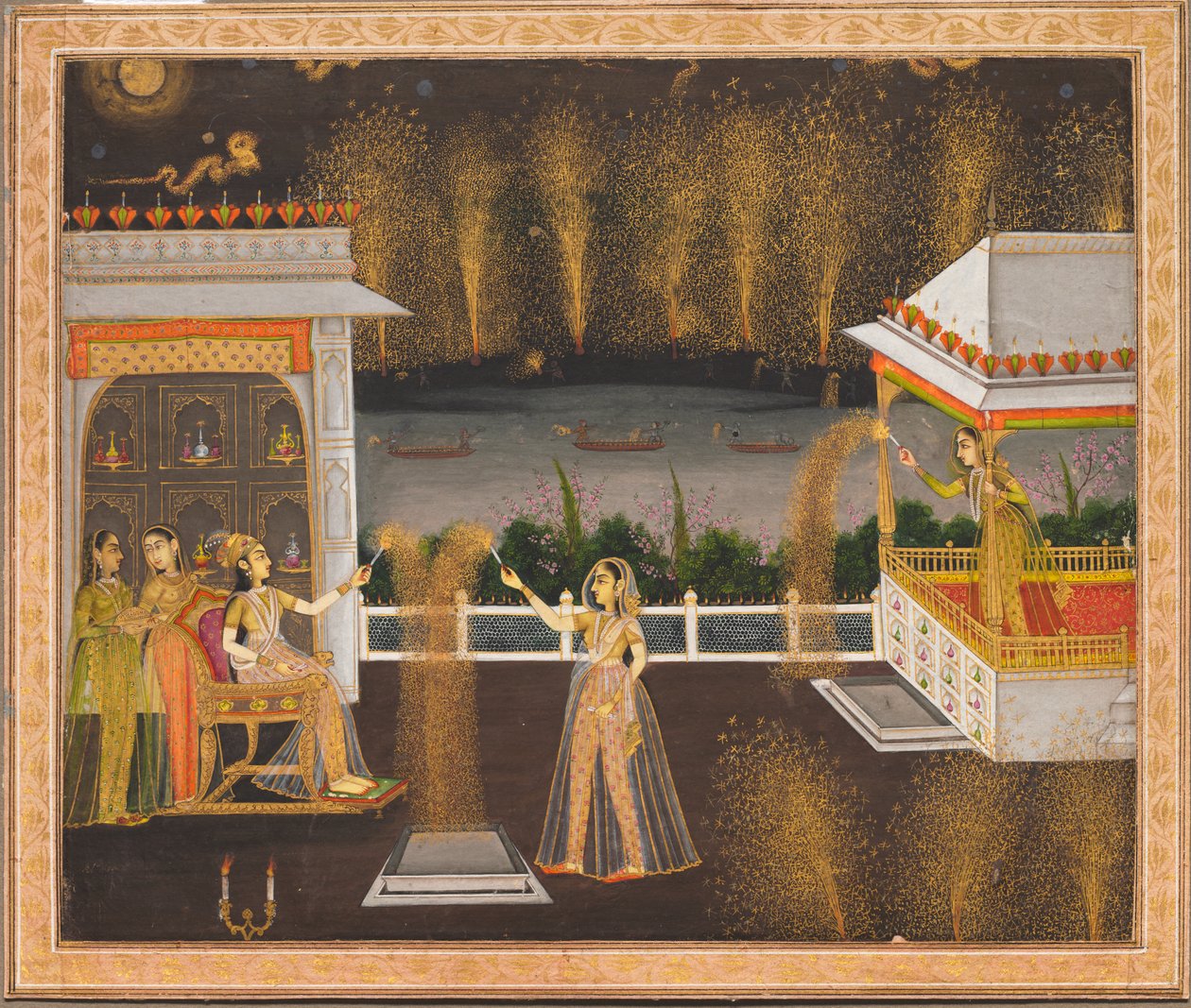 Dames vieren Diwali, ca. 1760 (dekkende aquarel  goud op papier) door Indian School