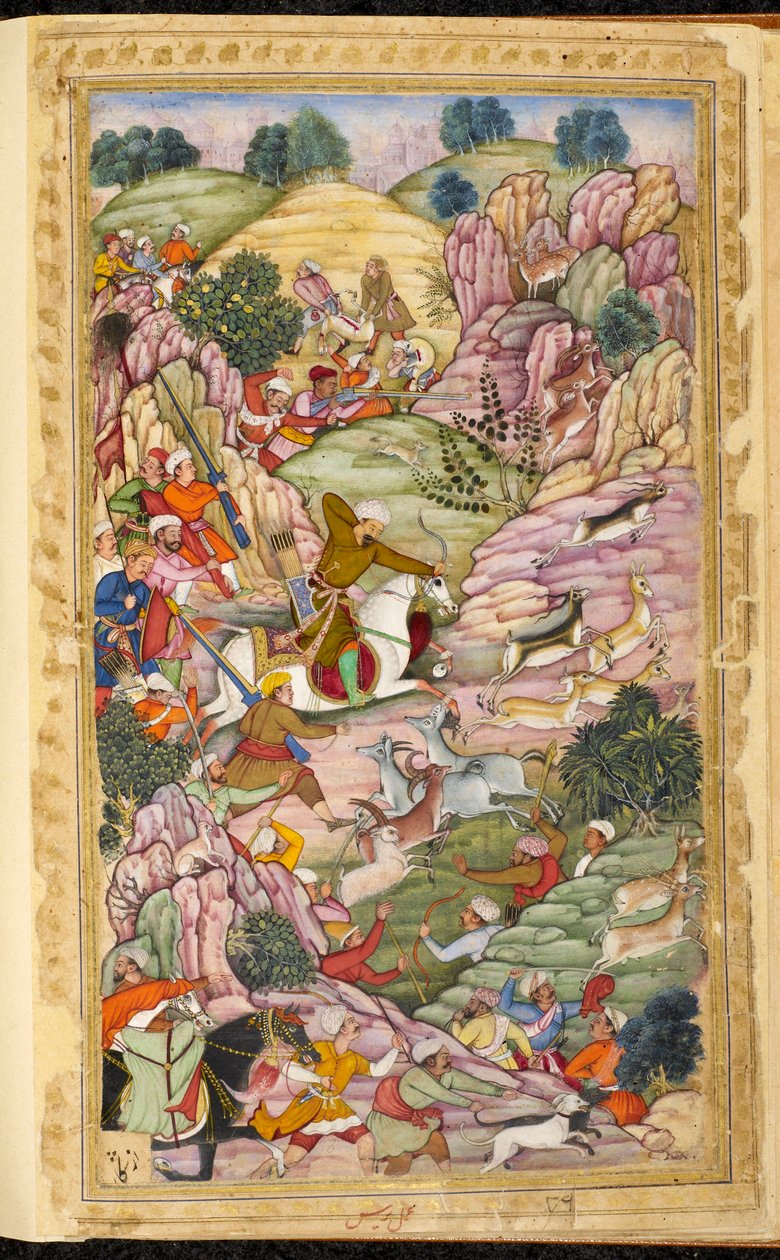 De keizer Babour op jacht, tussen Ali Shang en Alangar, in de regio van Kabul (Afghanistan). Miniatuur uit het Perzische manuscript Vaqi at i Baburi, memoires van de Mogolkeizer Babour (Zahir ud din Muhammad) (1483-1530), India, rond 1590. The British Libr door Indian School