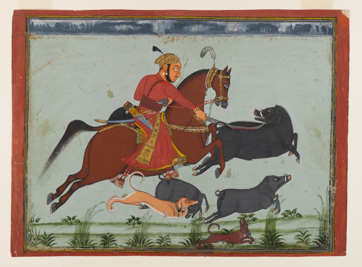 Maharaja Pratap Singh II van Mewar op Zwijnenjacht door Indian School