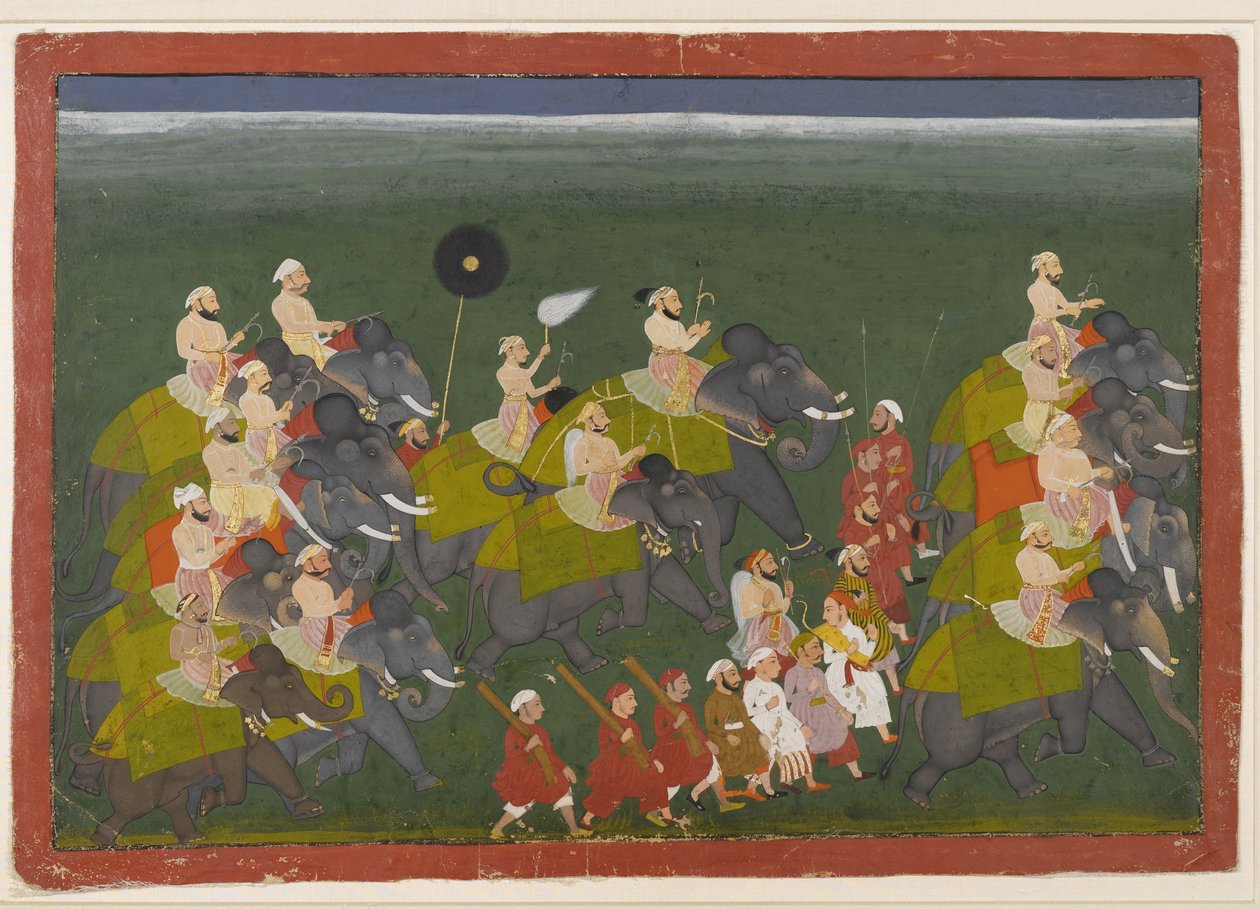 Maharana Sangram Singh van Mewar rijdend in een olifantenprocessie, Udaipur, Rajasthan, c.1730-40 door Indian School