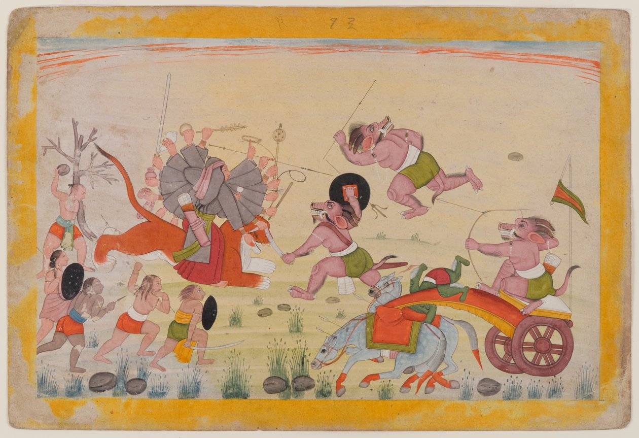 Mahasura valt de Devi aan, folio uit een verspreide Devi Mahatmya-serie door Indian School