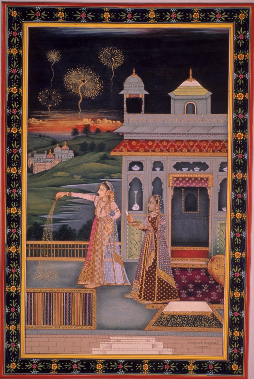 Miniatuurschilderij van dame die Diwali Festival viert, India (aquarel op papier) door Indian School