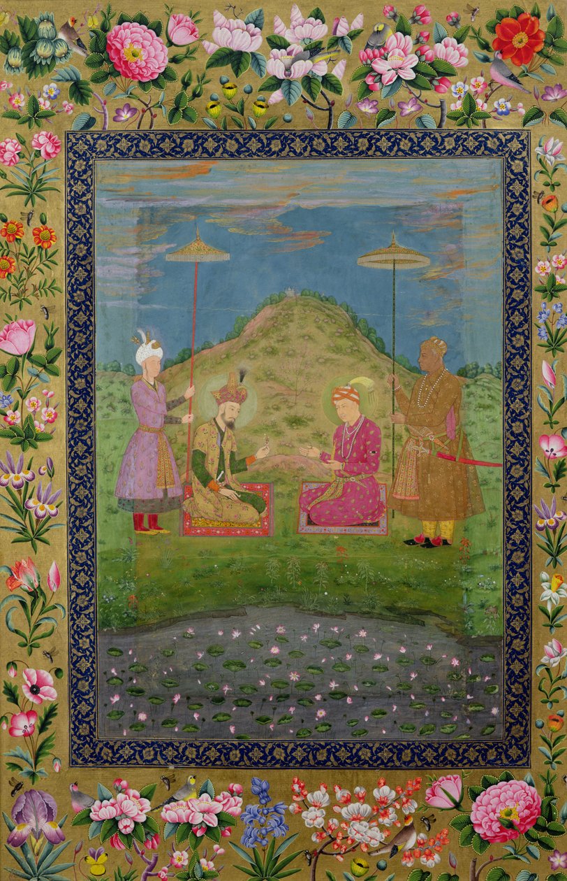 Ms E-14 Humayun (1508-56) en Akbar (1542-1605) met een vizier, uit een Moraqqa door Indian School