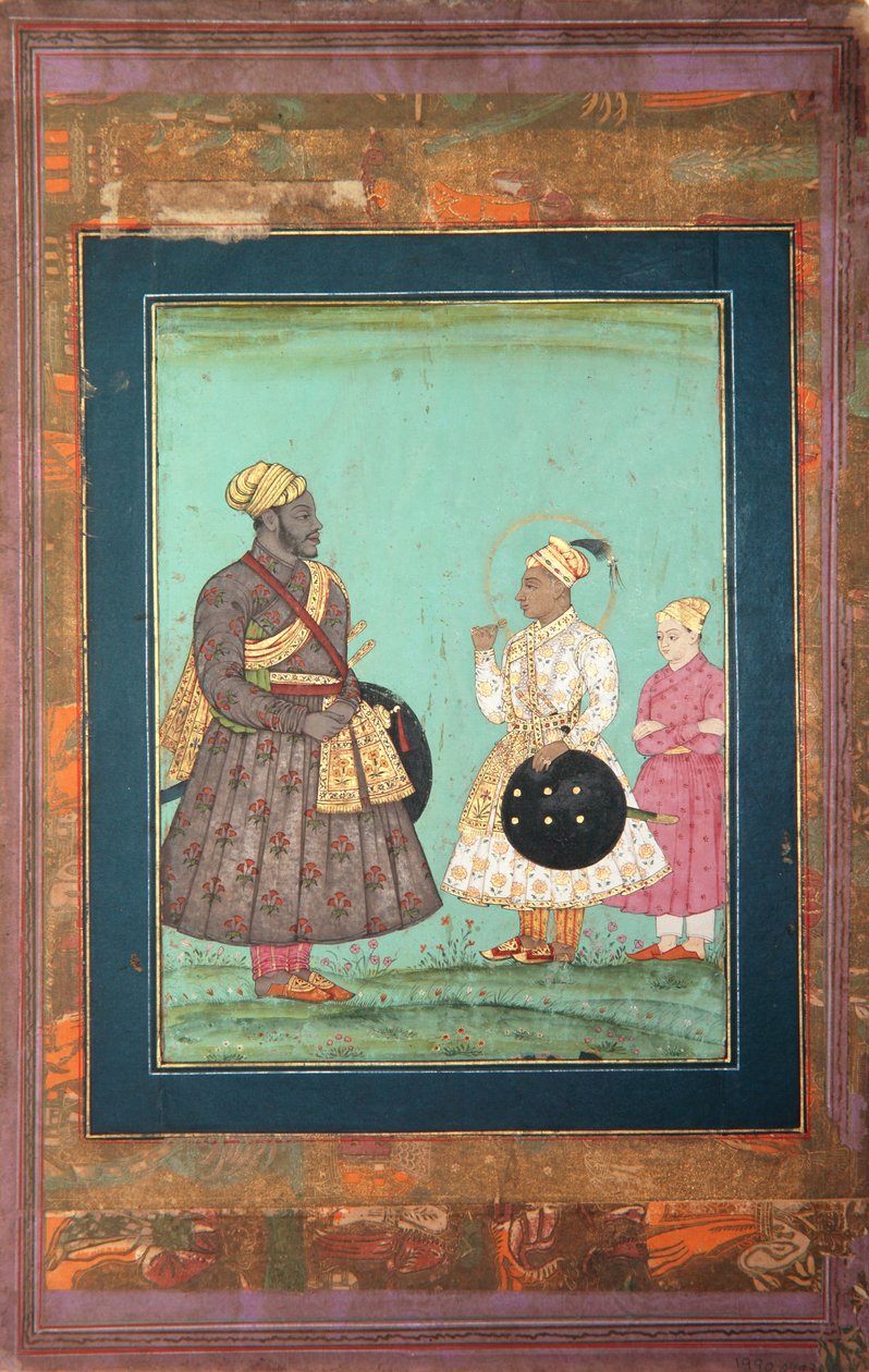 Murtaza Nizam Shah met een zwarte vizier, mogelijk Malik Ambar, en een jongere man, ca. 1680 (dekkende aquarel  goud op papier) door Indian School