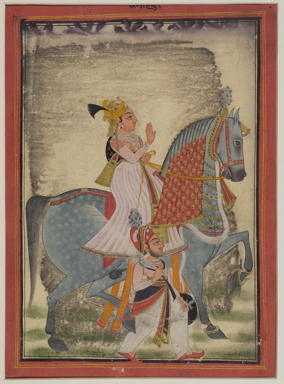 Edelman van Mewar rijdt op Nur vergezeld door een sais te voet door Indian School